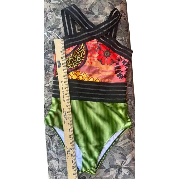 Averie Womens Striped & Floral Multicolor One-Piece animal print Swimsuit Medium - Picture 6 of 9